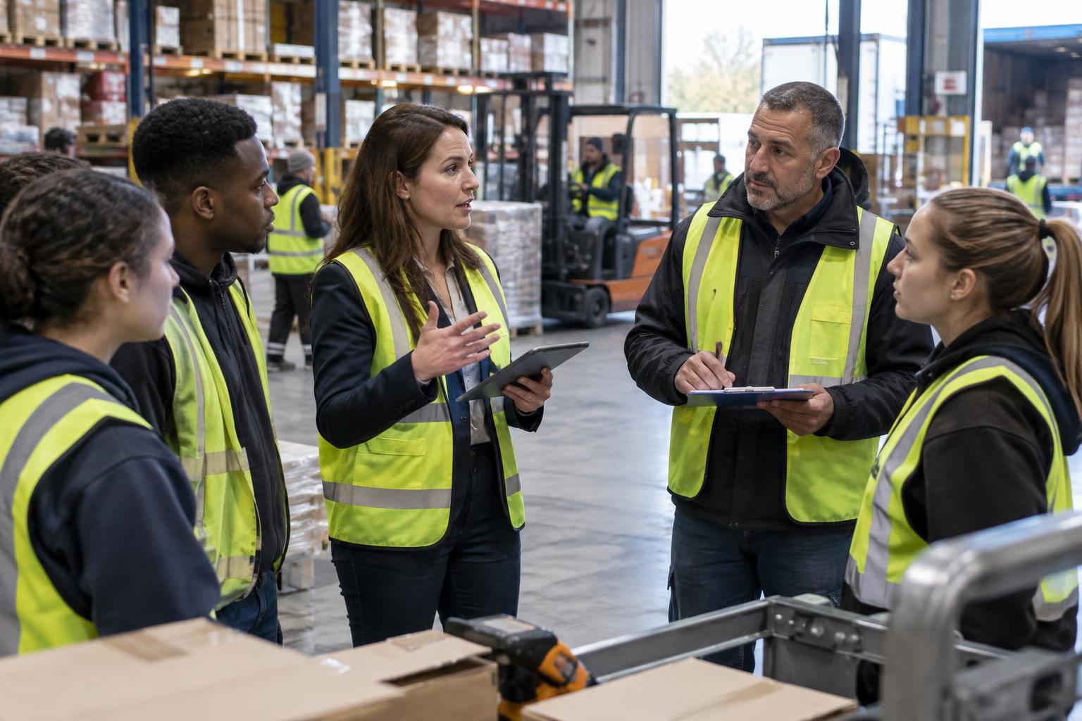 HR en teamleiding bespreken flexibele inzet op een logistieke werkvloer